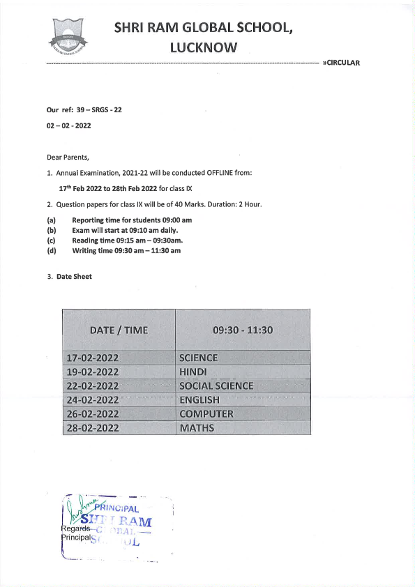 Annual Examination Date Sheet for class IX 001